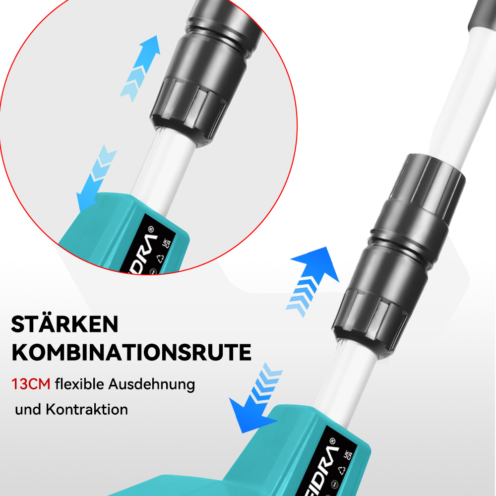 Nahaufnahme eines Teleskopstabs mit blauen Pfeilen, die Dehnung und Kontraktion zeigen.