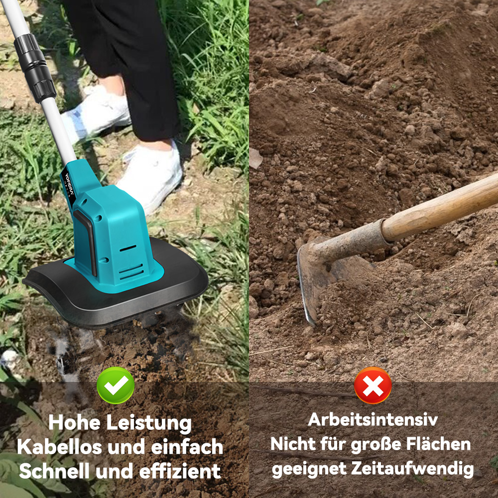 Links: Akku-Bodenfräse. Rechts: Hacke zum Umgraben von Erde.