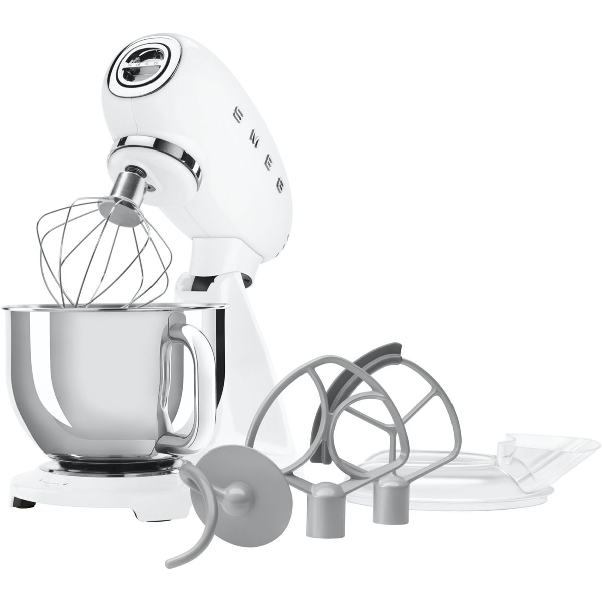 Una planetaria Smeg bianca con ciotola in metallo e vari accessori.