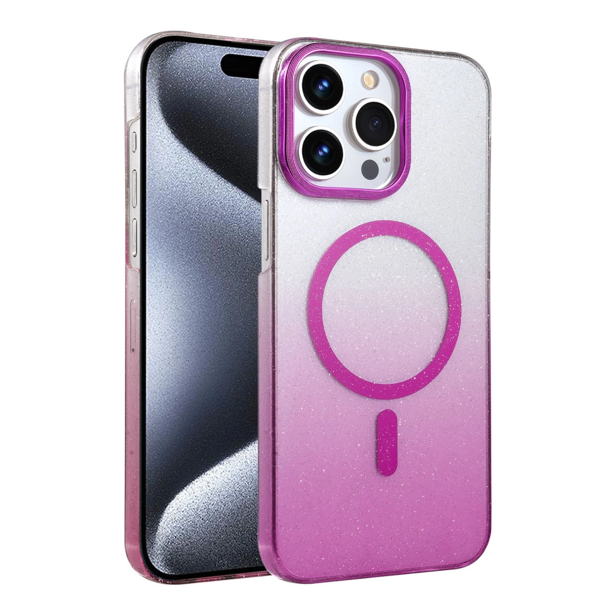 Mıknatıslı halkalı, simli pembe iPhone kılıfı.