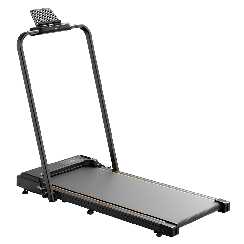 Ein schwarzes Laufband mit Display und Haltegriffen.