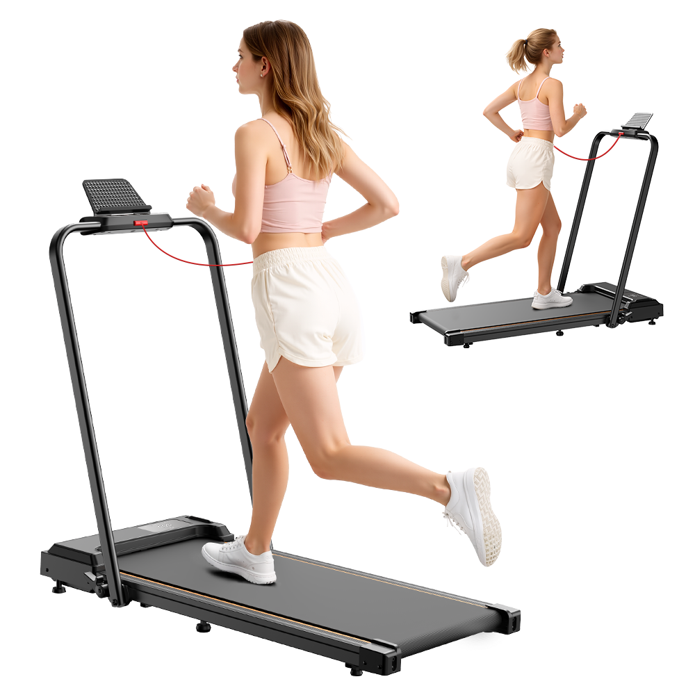 Frau läuft auf einem Laufband, Sportkleidung, weißer Hintergrund.