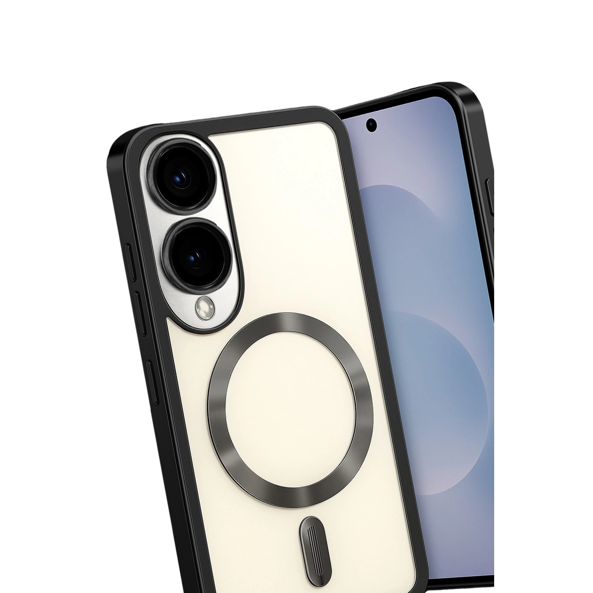 İki kameralı ve manyetik halkalı şeffaf telefon kılıfı.