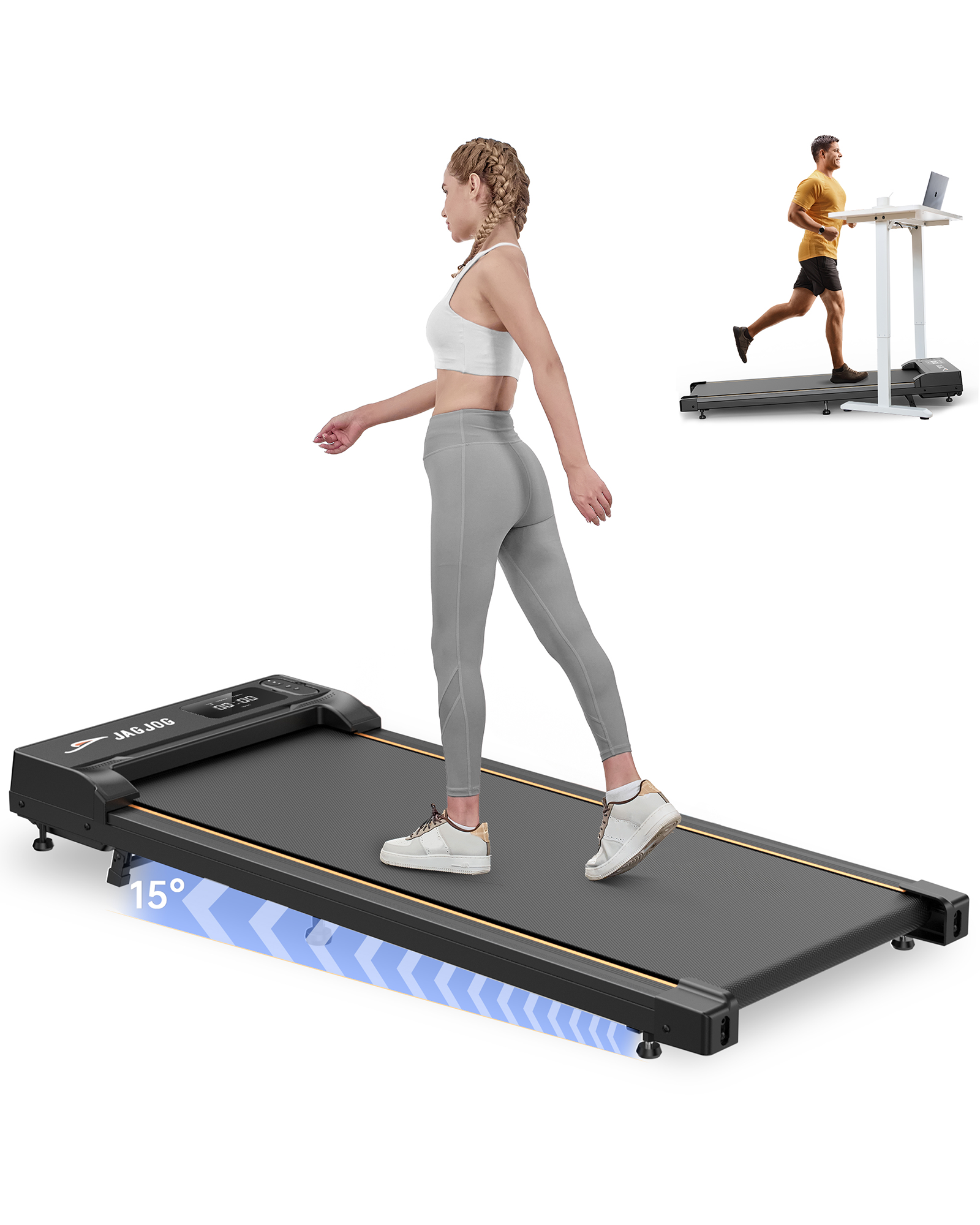 Eine Frau geht auf einem Laufband, ein Mann läuft auf einem anderen mit Schreibtisch.