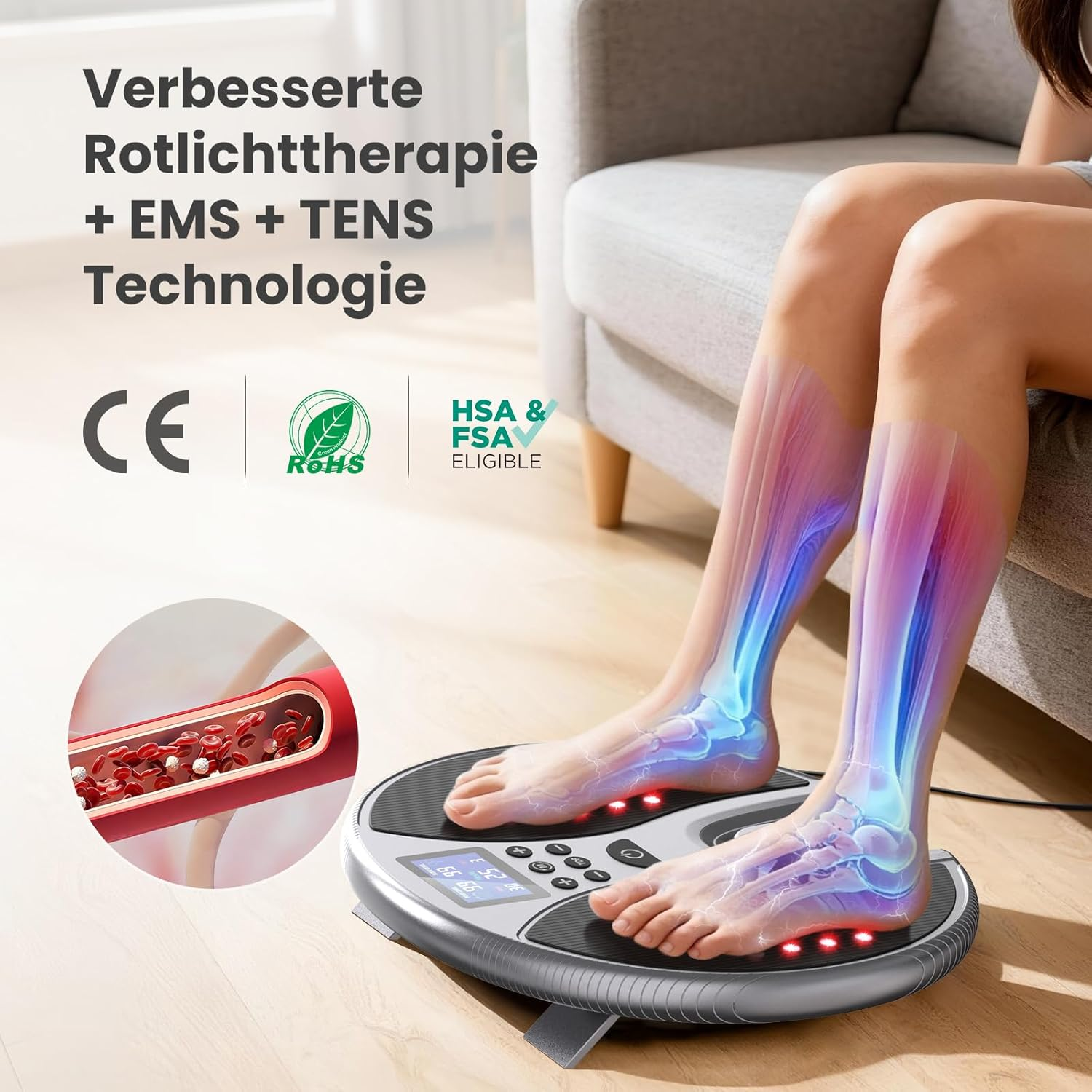 Füße auf einem Vibrationsgerät mit Rotlicht-, EMS- und TENS-Technologie.