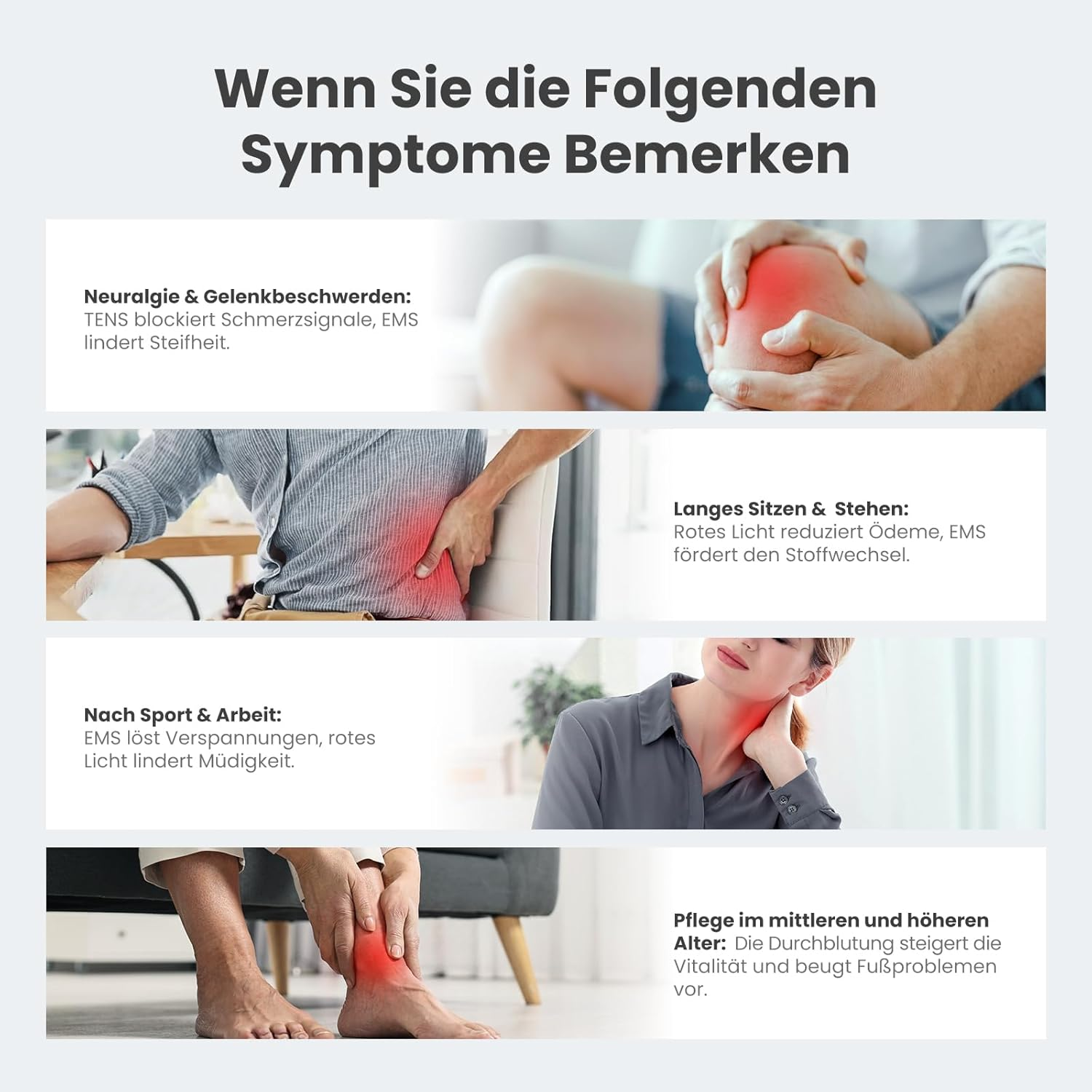 Bilder zeigen Knie-, Rücken-, Nacken- und Fußschmerzen, sowie deren Behandlung.