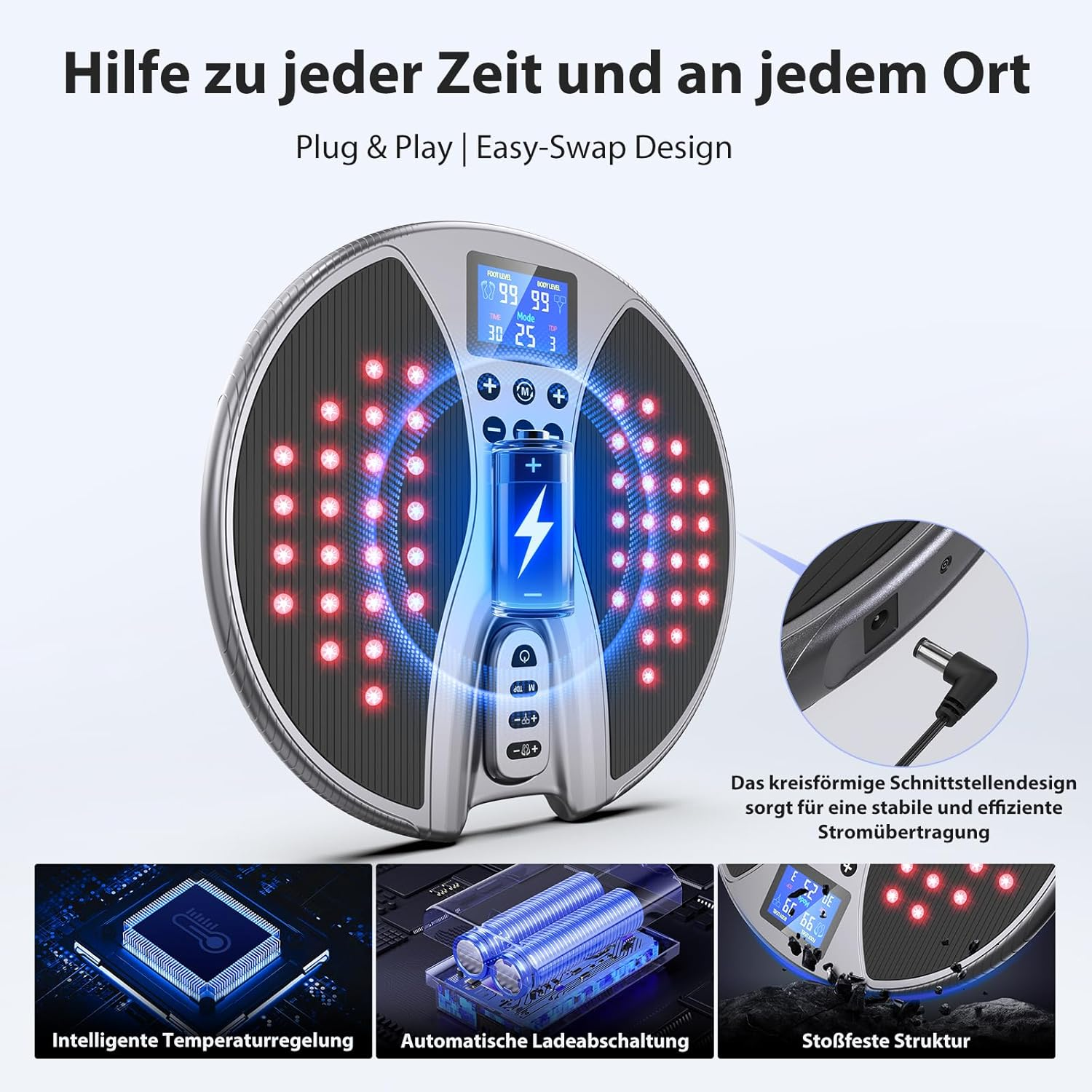 Ein EMS-Fußmassagegerät mit digitalen Anzeigen, roten Lichtern und drei Unterbildern.