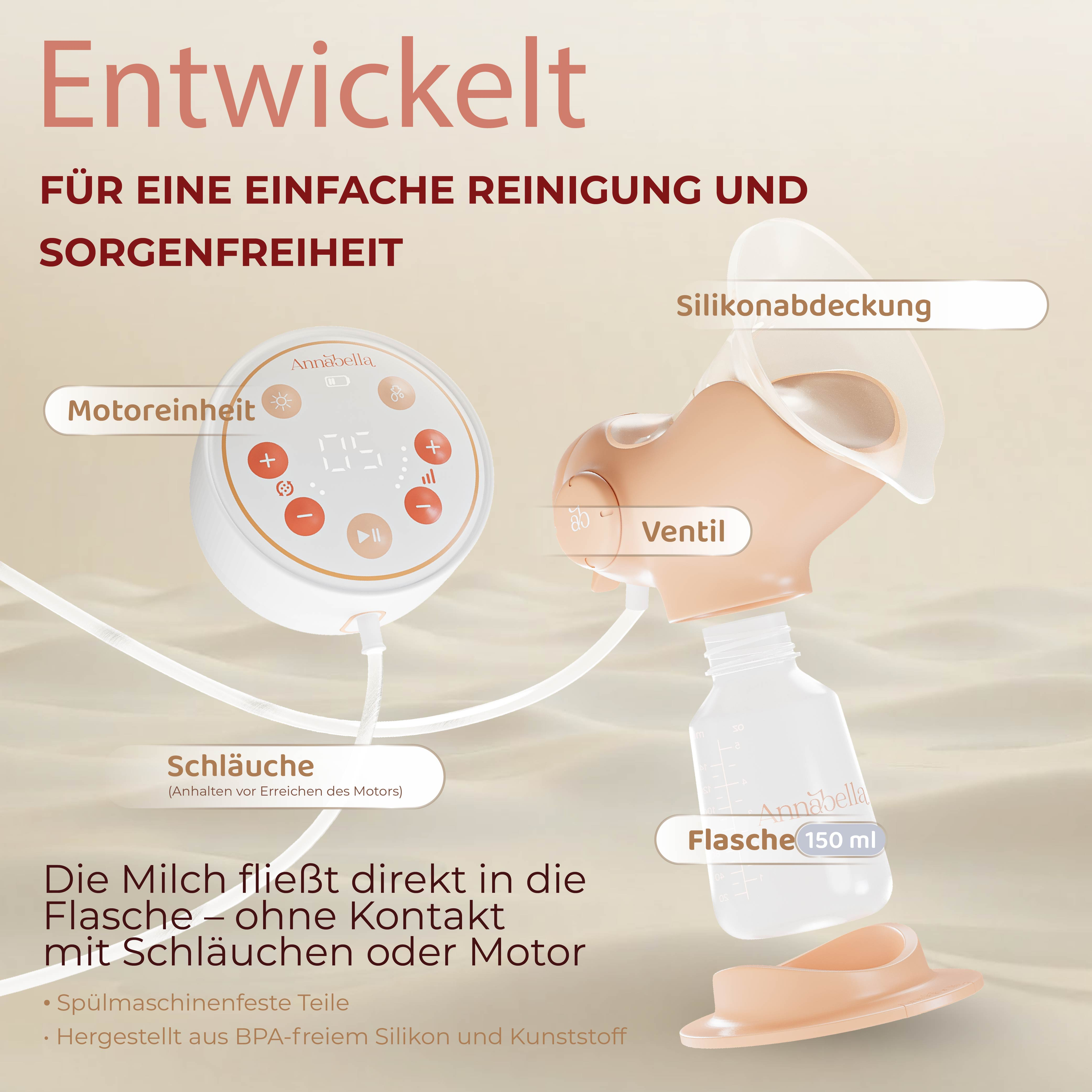 Eine Milchpumpe mit Motor, Flasche, Silikonabdeckung und Schläuchen.