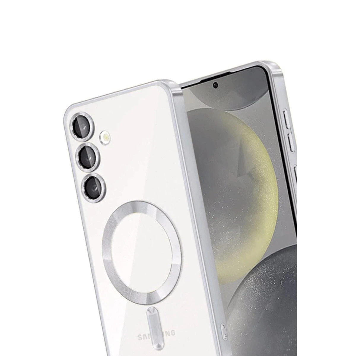 Üç kamera lensli ve halkalı şeffaf telefon kılıfı.