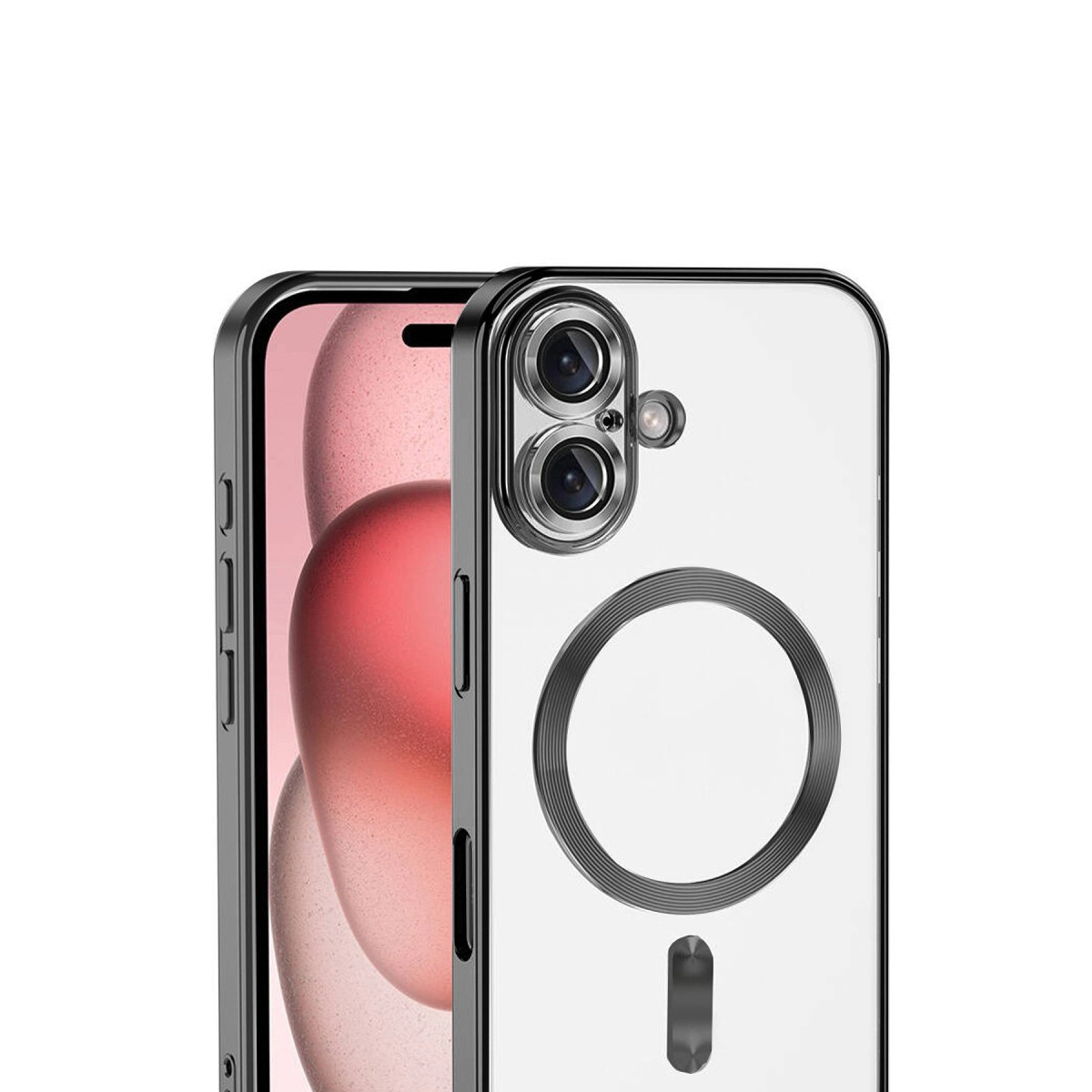 Koyu kenarlı ve iki kamera lensli şeffaf telefon kılıfı.