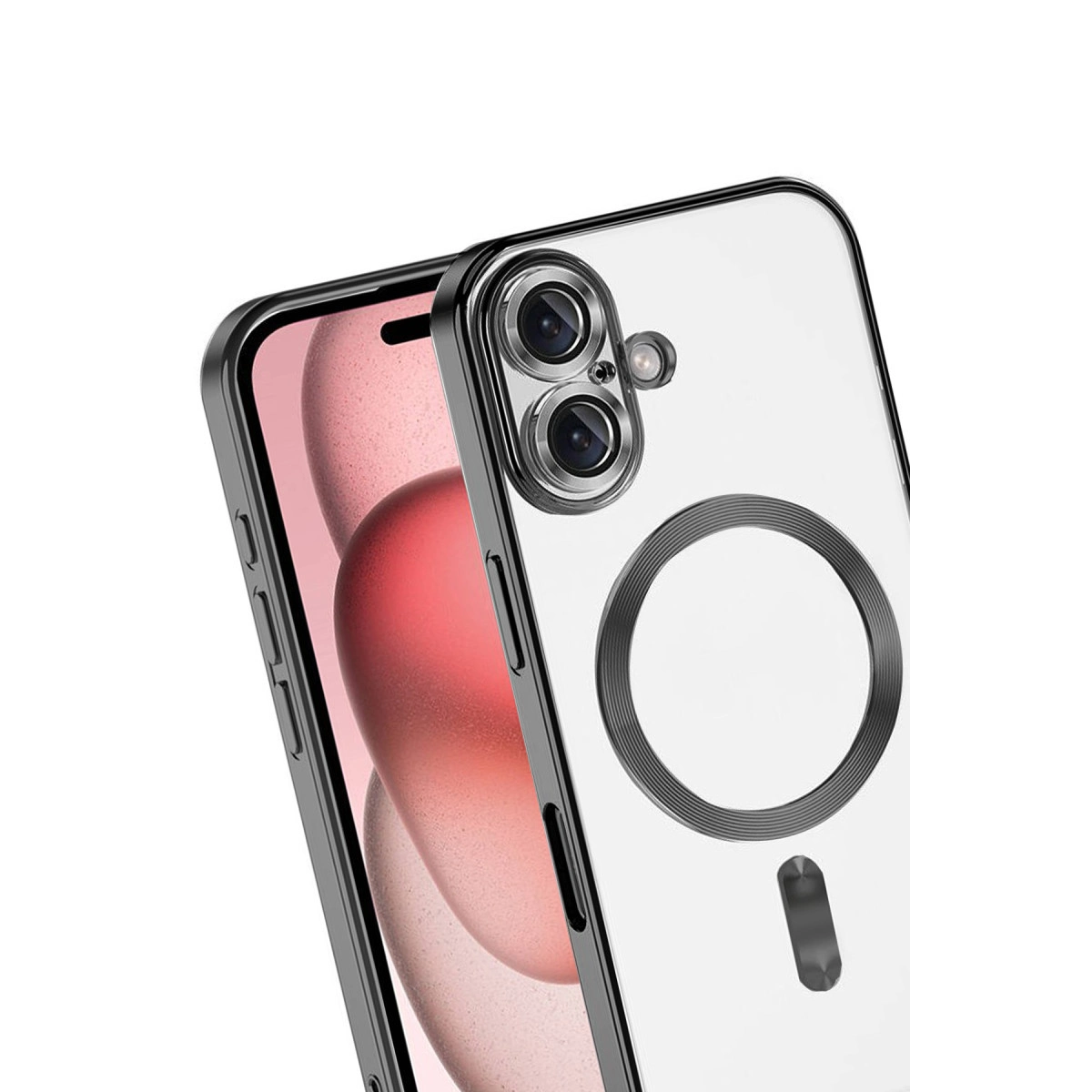 Çift kameralı ve MagSafe halkalı şeffaf telefon kılıfı.