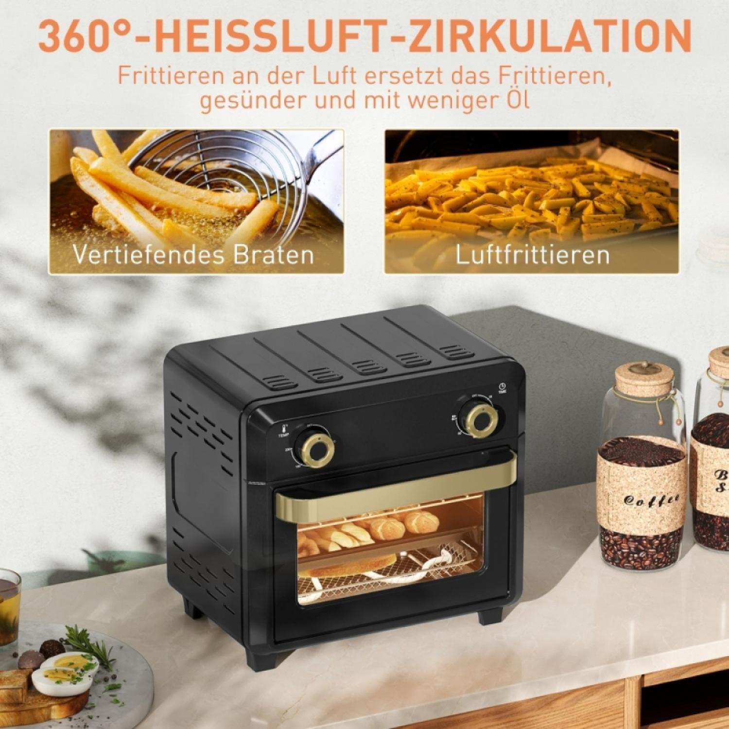 Schwarzer Heißluftfritteusenofen mit zwei Bildern von Pommes und zwei Gläsern Kaffee.