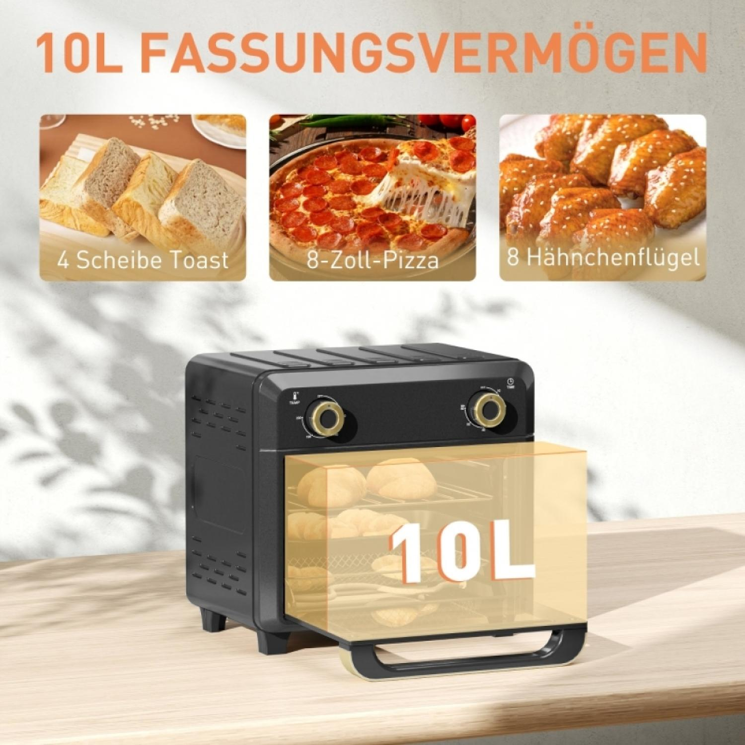Ein schwarzer Ofen mit geöffneter Tür, der Toast, Pizza und Hähnchenflügel zeigt.