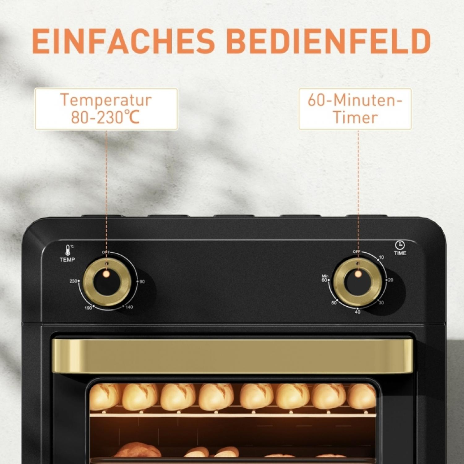 Bedienfeld eines Ofens mit Temperaturregler 80-230°C und 60-Minuten-Timer.