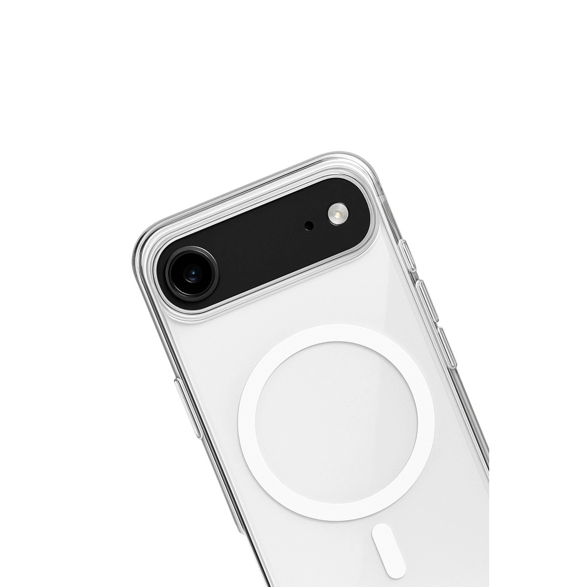 Şeffaf kılıfta MagSafe halkası ve kamera modülü bulunan beyaz bir akıllı telefonun arkası.