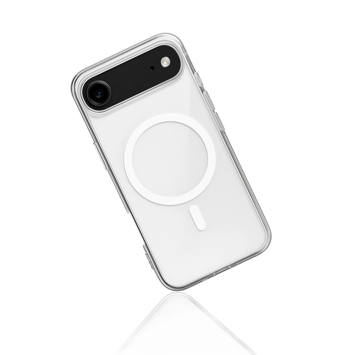 MagSafe halkalı ve kamera kesimli şeffaf telefon kılıfı.