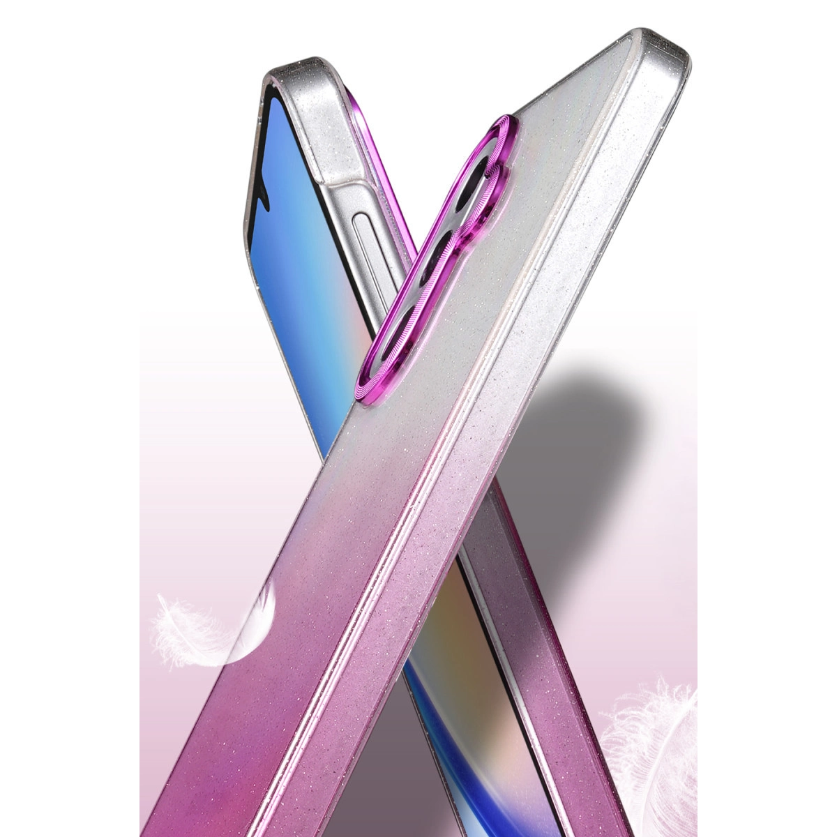 İki simli telefon kılıfı, biri gümüş-pembe, diğeri gümüş.