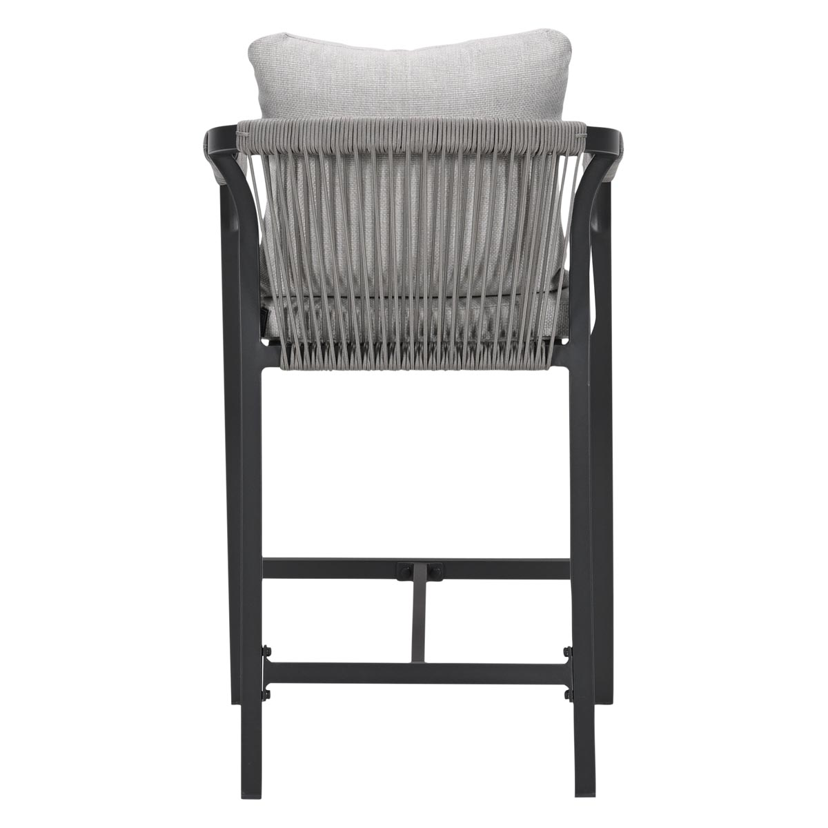Een grijze barkruk met zwart metalen frame, touwrugleuning en kussen.