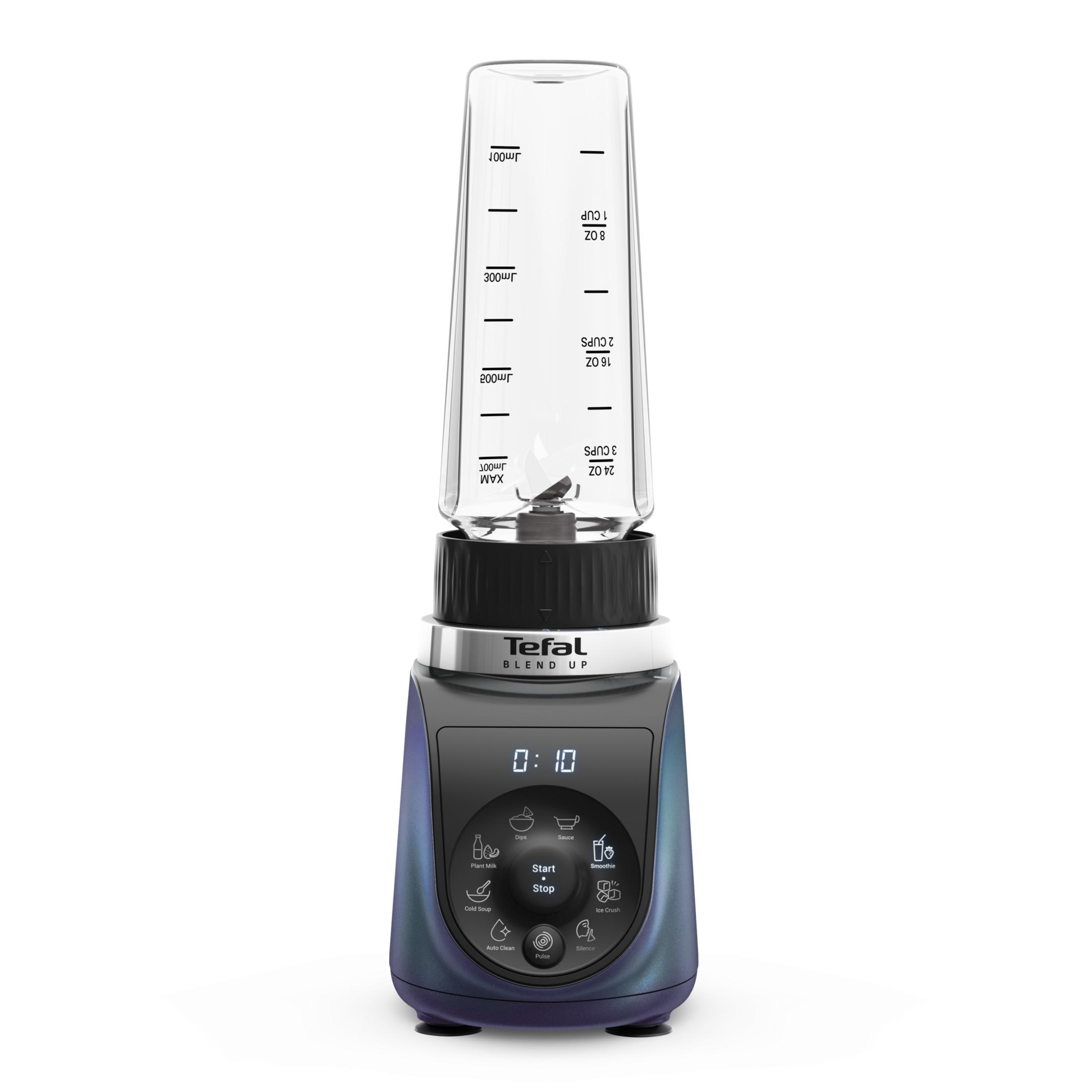 Un frullatore Tefal blu con bicchiere in vetro, touchscreen e vari programmi.