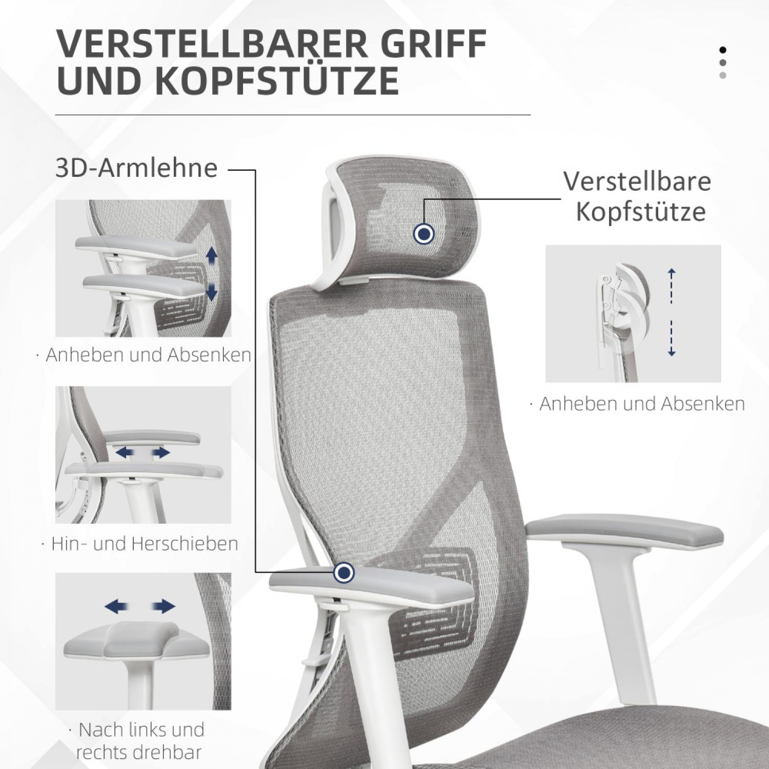 Ein Bürostuhl mit verstellbarer Kopfstütze und 3D-Armlehnen.