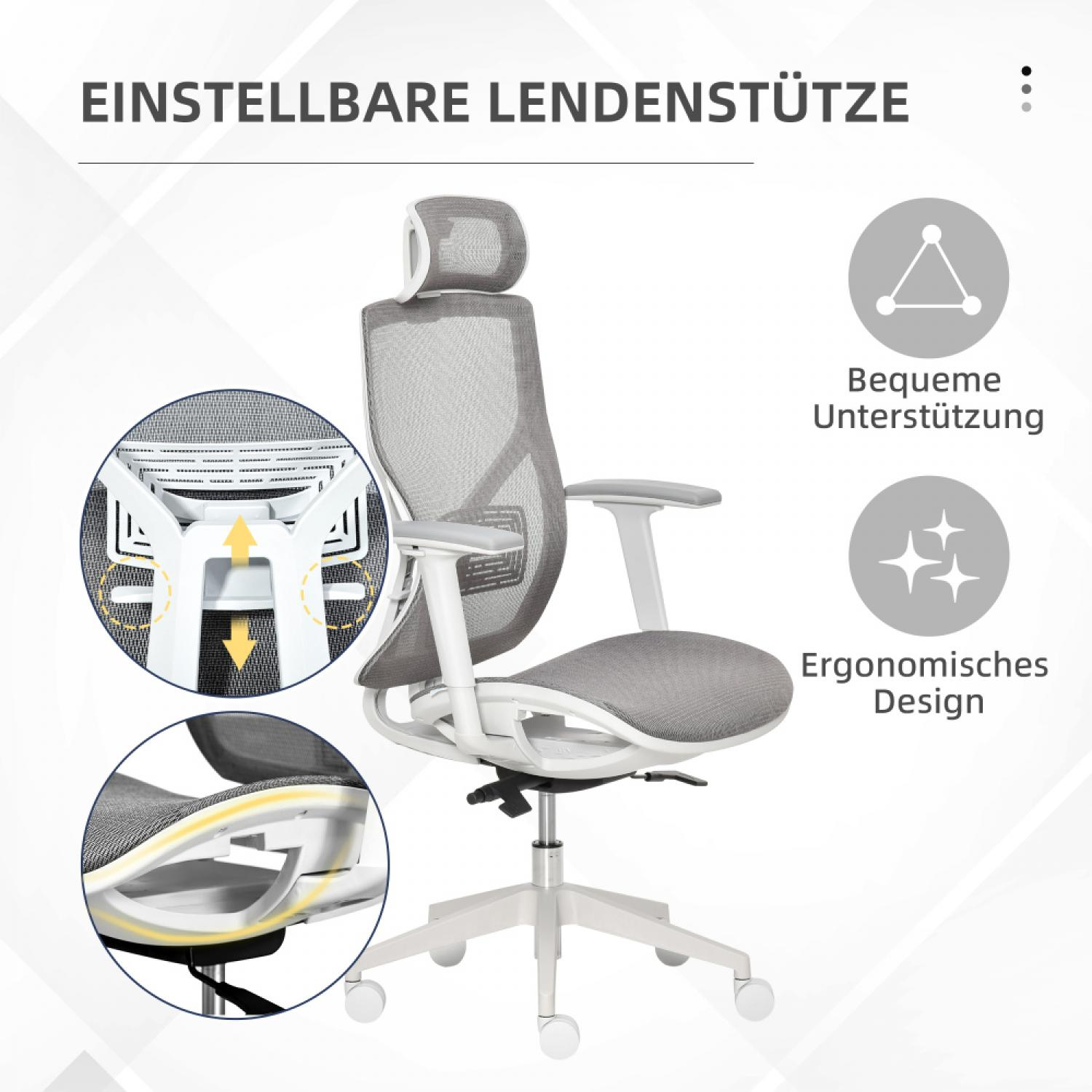 Ein grauer Bürostuhl mit Netzrücken und Kopfstütze, der auf einer weißen Basis mit Rädern steht.