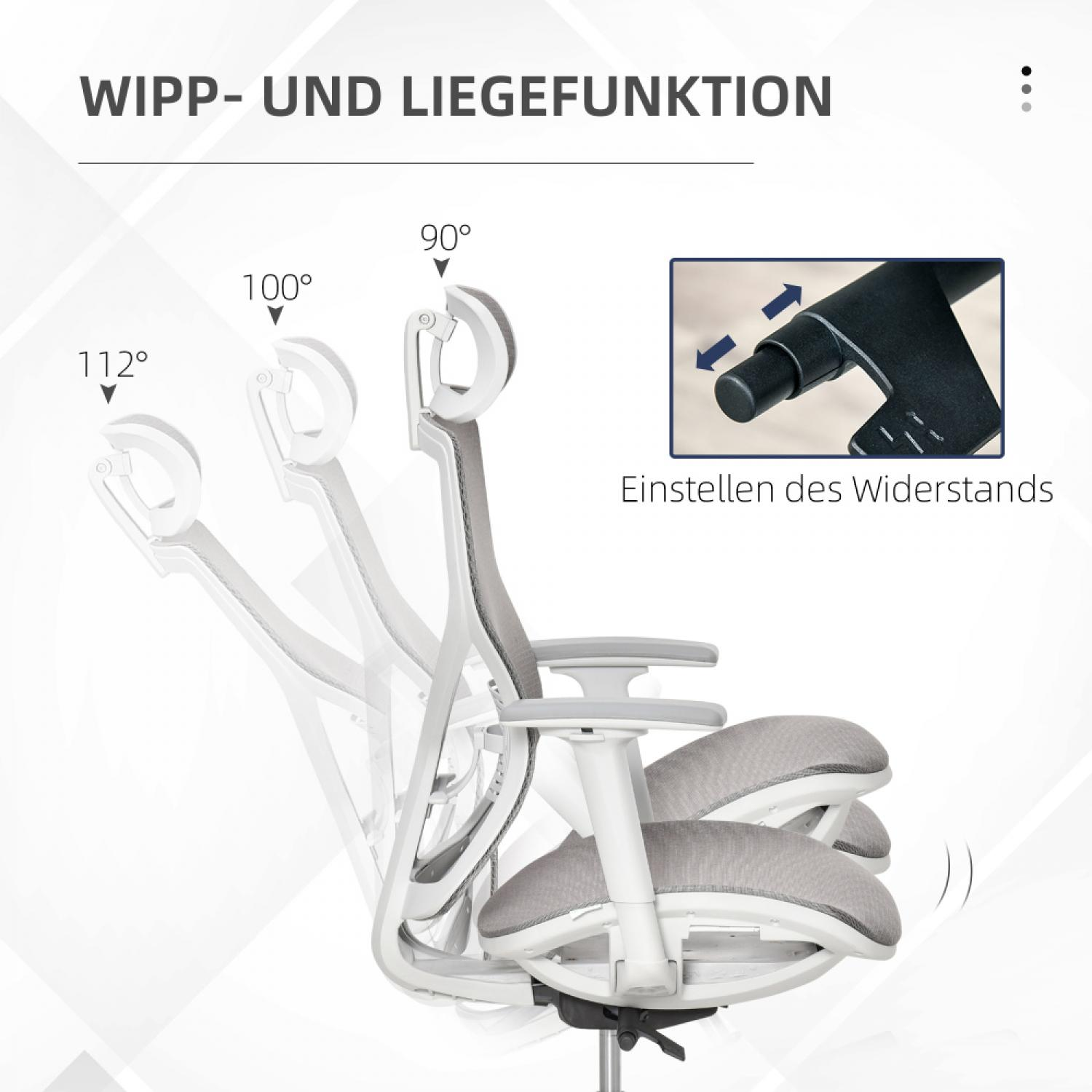 Ein weißer Bürostuhl mit verstellbarer Rückenlehne in verschiedenen Winkeln.