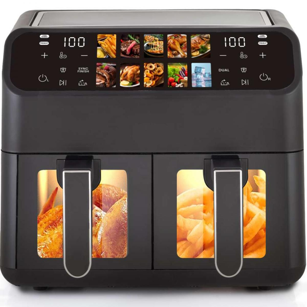 Schwarzer Doppeluftfritteuse mit digitalen Display und Kochbildern.