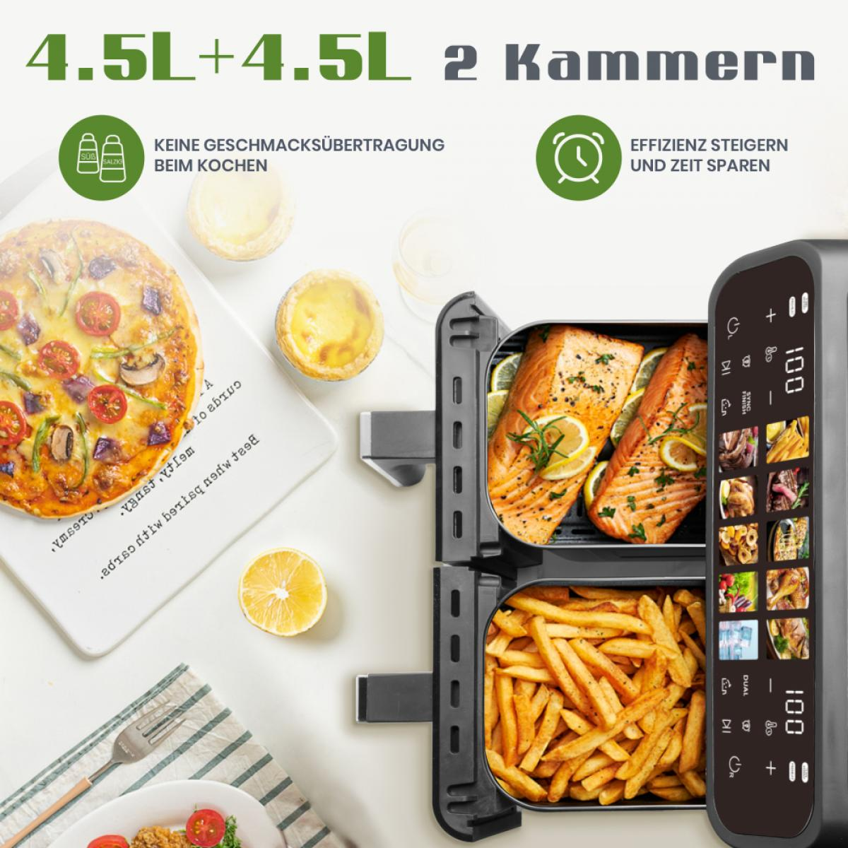 Doppelkammer-Heißluftfritteuse mit Lachs, Pommes, Pizza und Eiertörtchen.