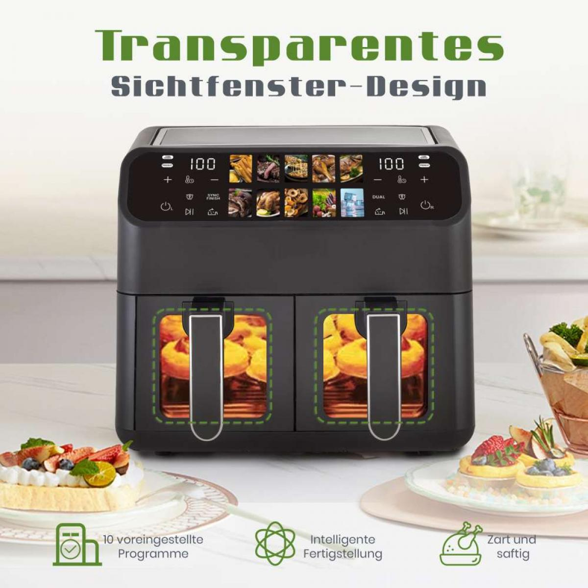Doppelte Heißluftfritteuse mit transparenten Fenstern, digitale Anzeige und Speisen.
