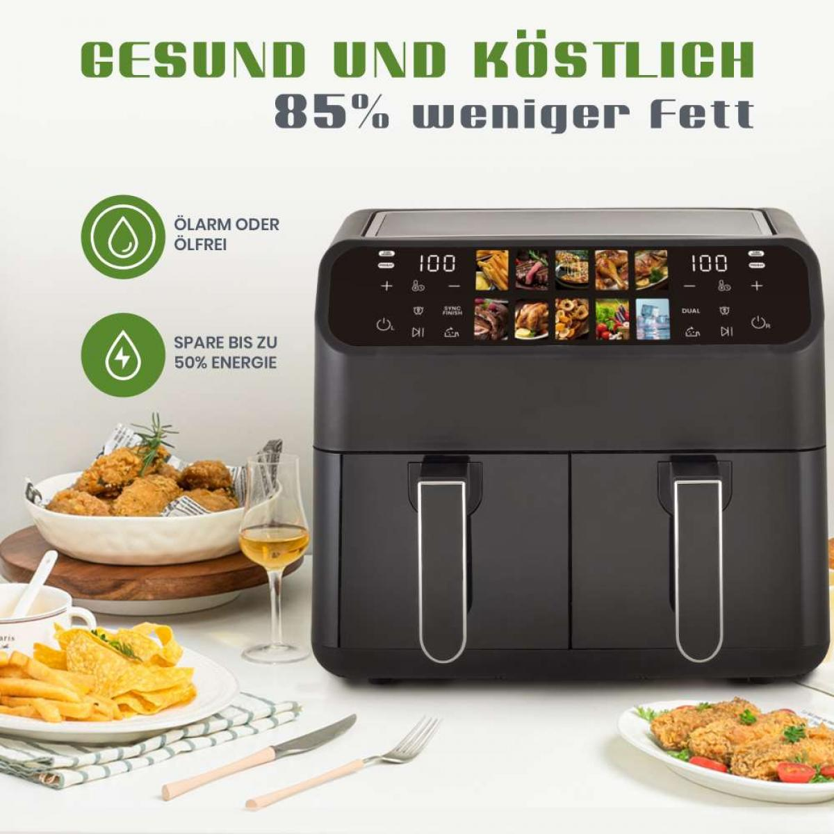 Schwarzer Heißluftfritteusen mit Speisen, Text über gesunde Ernährung.