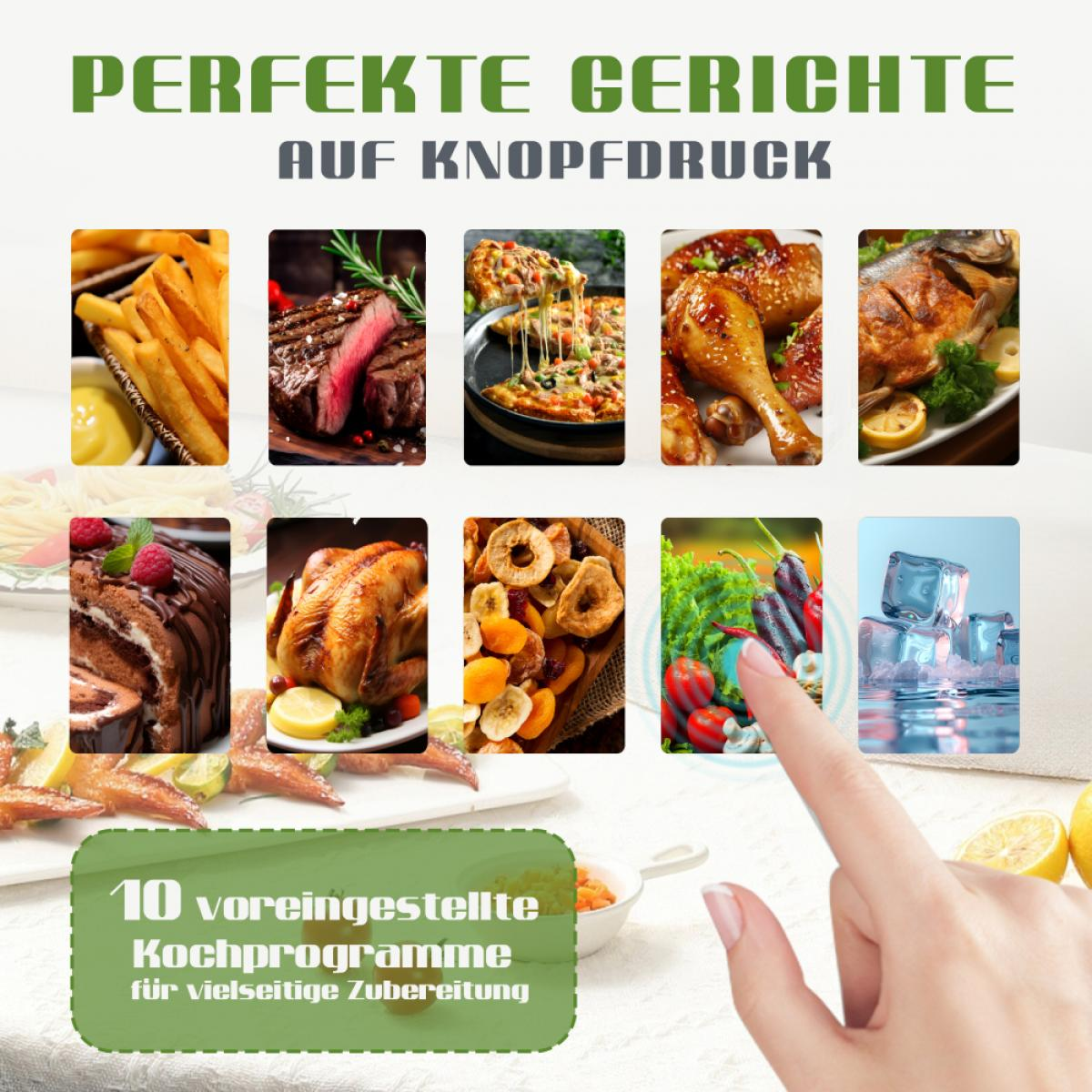 Collage zeigt verschiedene Gerichte wie Pommes, Steak, Pizza, Hähnchen, Fisch, Kuchen, Braten und Eiswürfel.
