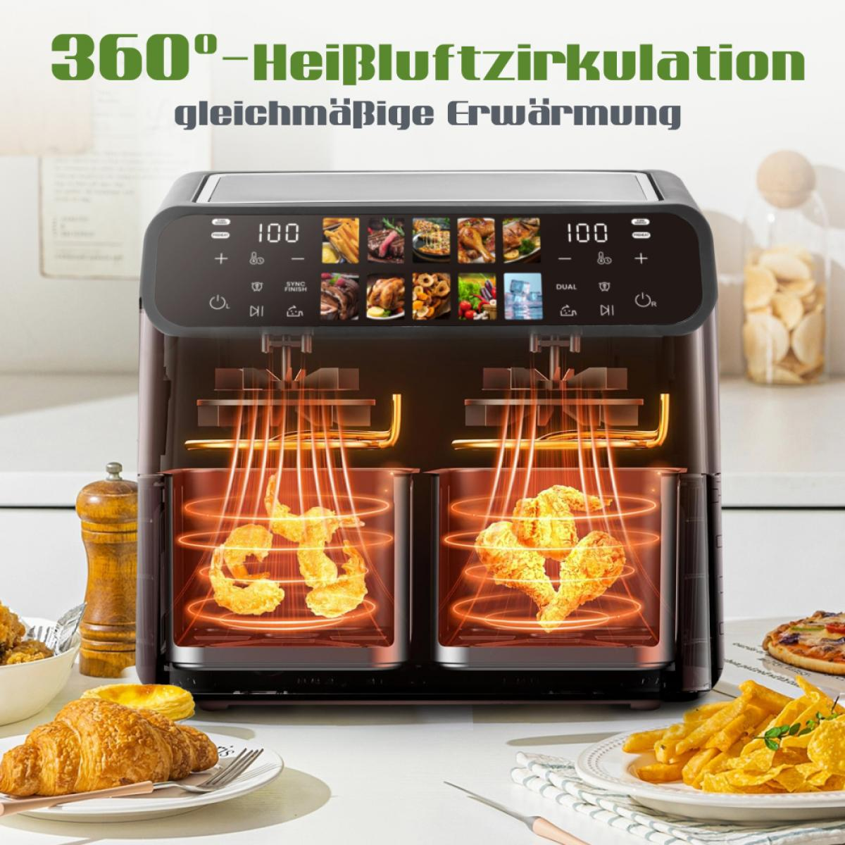 Doppel-Heißluftfritteuse mit Hähnchen und Garnelen, daneben Croissants und Pommes.