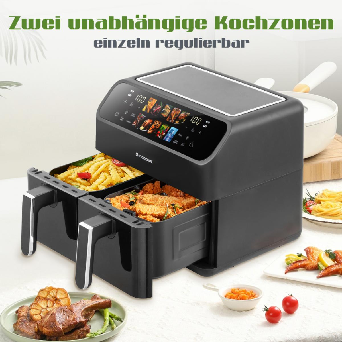 Schwarze Heißluftfritteuse mit zwei Schubladen, gefüllt mit Pommes und Hähnchen.