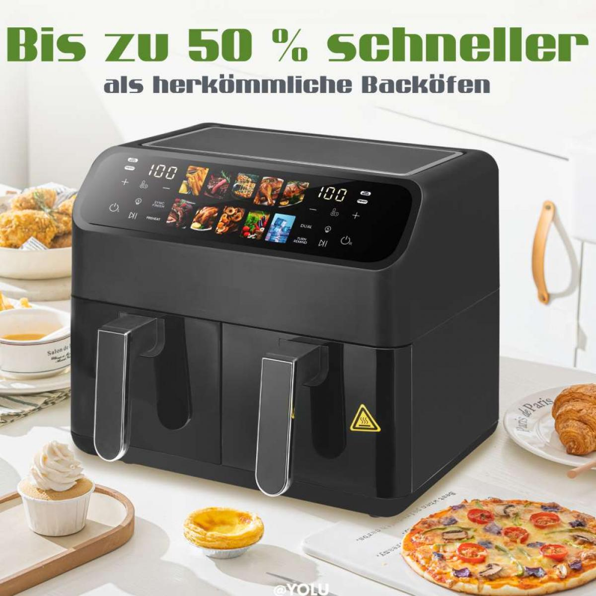 Schwarzer Heißluftfritteusen mit zwei Schubladen, daneben Essen wie Pizza und Kuchen.