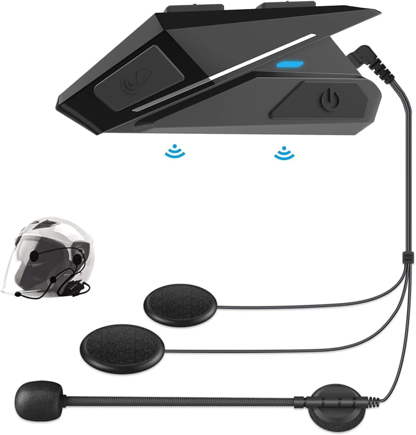 Motorrad-Bluetooth-Headset mit Mikrofon und Lautsprechern für Helm und Steuergerät.