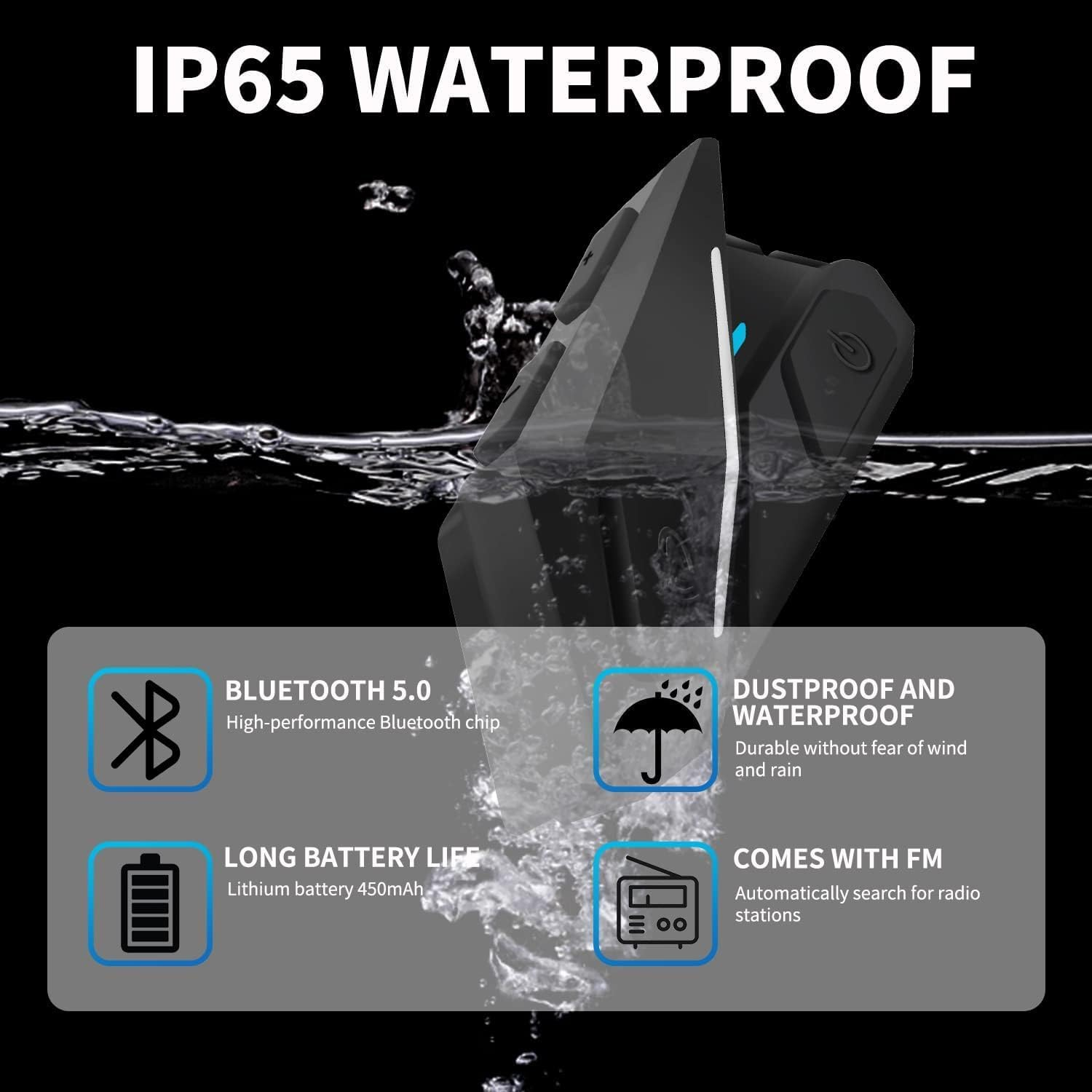 IP65 wasserdichtes Gerät im Wasser mit Symbolen für Bluetooth, Akku, Staub- und Wasserschutz, FM.