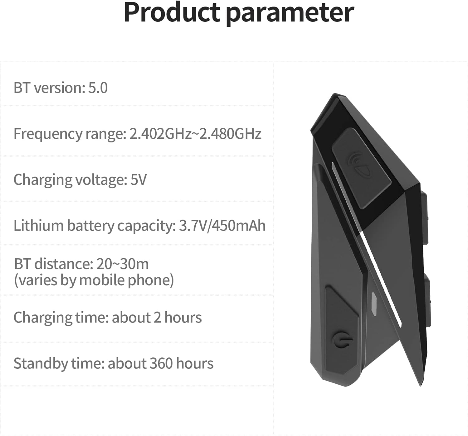 Ein schwarzes technisches Gerät mit Produktparametern wie BT-Version 5.0.