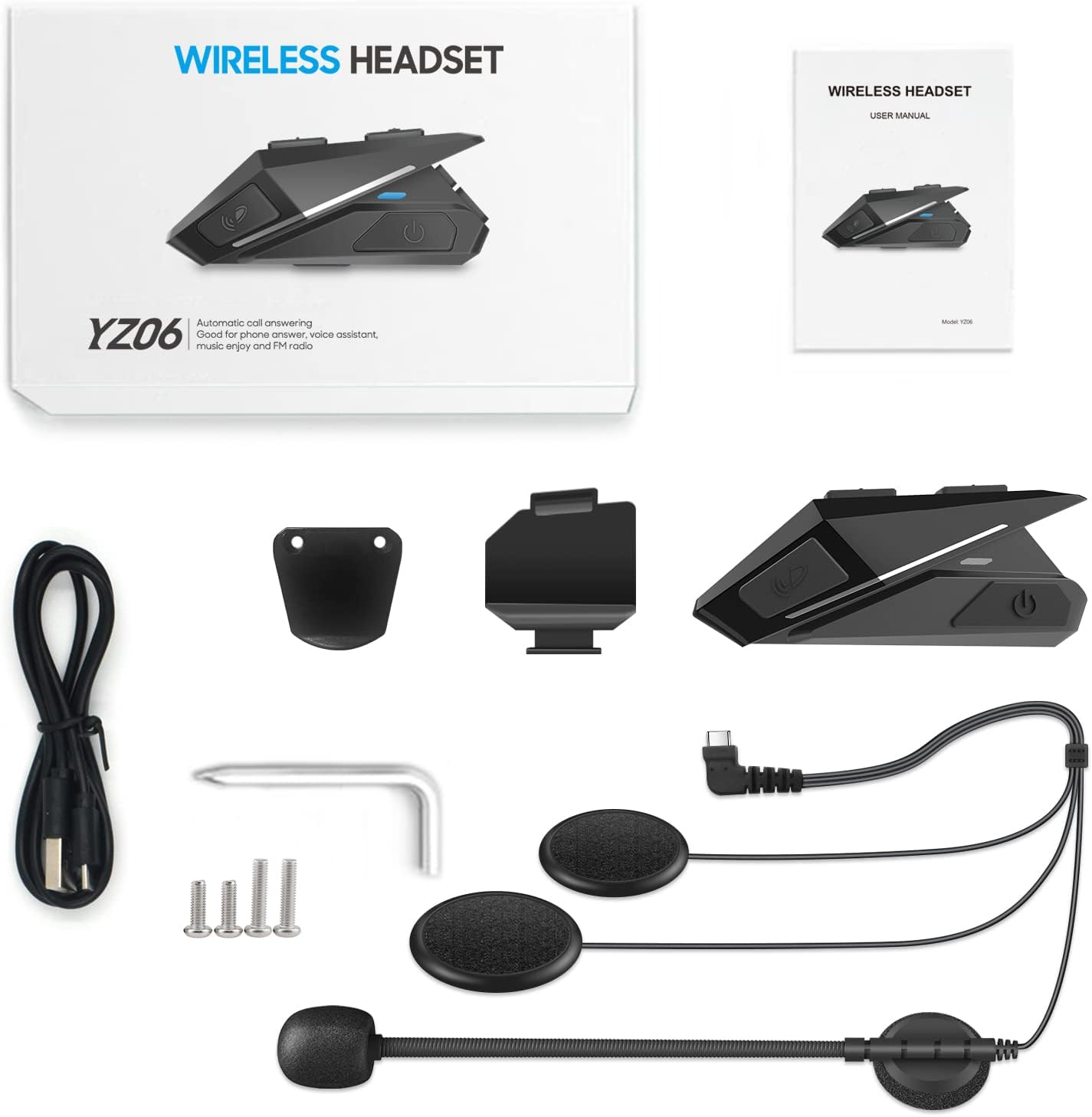 Kabelloser YZ06-Kopfhörer mit Zubehör: Kopfhörer, Mikrofon, Kabel, Schrauben, Werkzeug.