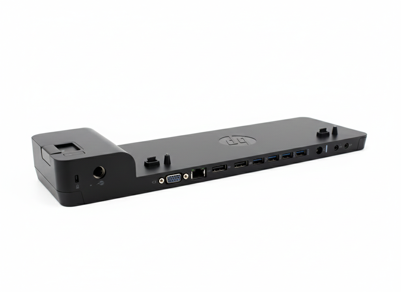 Schwarzer HP Dockingstation mit vielen Anschlüssen: USB, VGA, Audio.