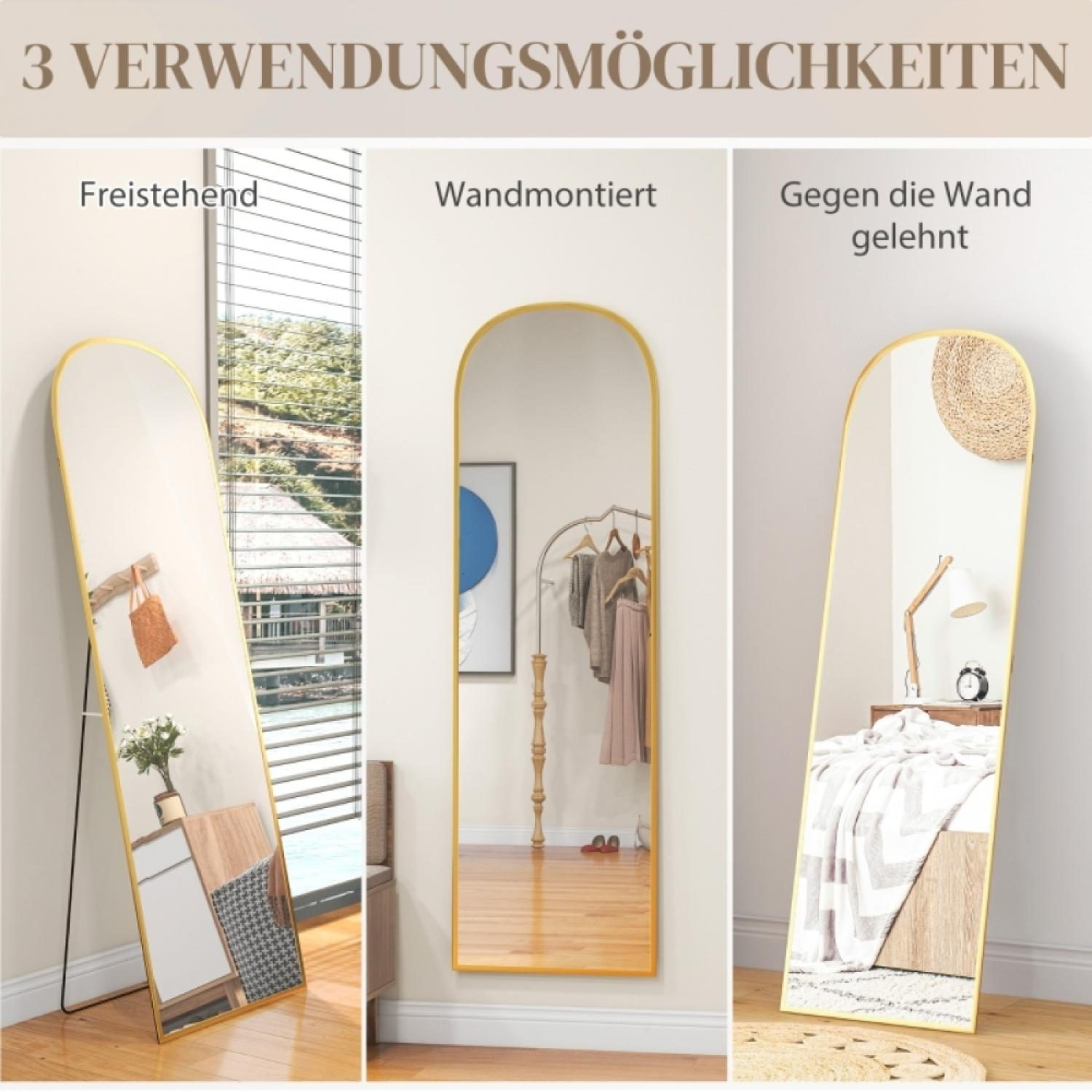 Drei goldgerahmte Spiegel zeigen verschiedene Aufstellmöglichkeiten: frei stehend, an der Wand montiert, an die Wand gelehnt.