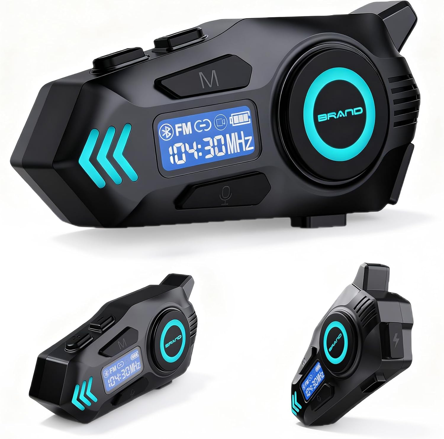 Schwarzes Motorrad-Kommunikationsgerät mit blauem Licht und LCD-Display.