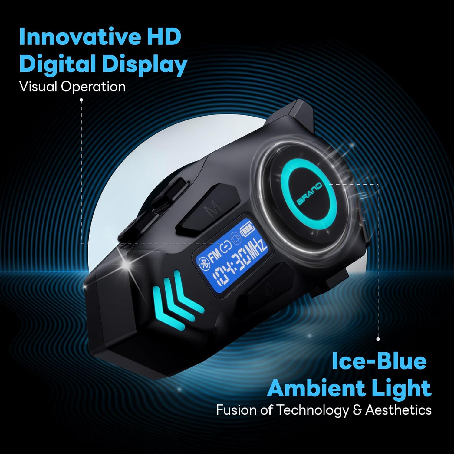 Ein schwarzes Gerät mit blauem Display und Ringlicht. "Innovative HD Digital Display"