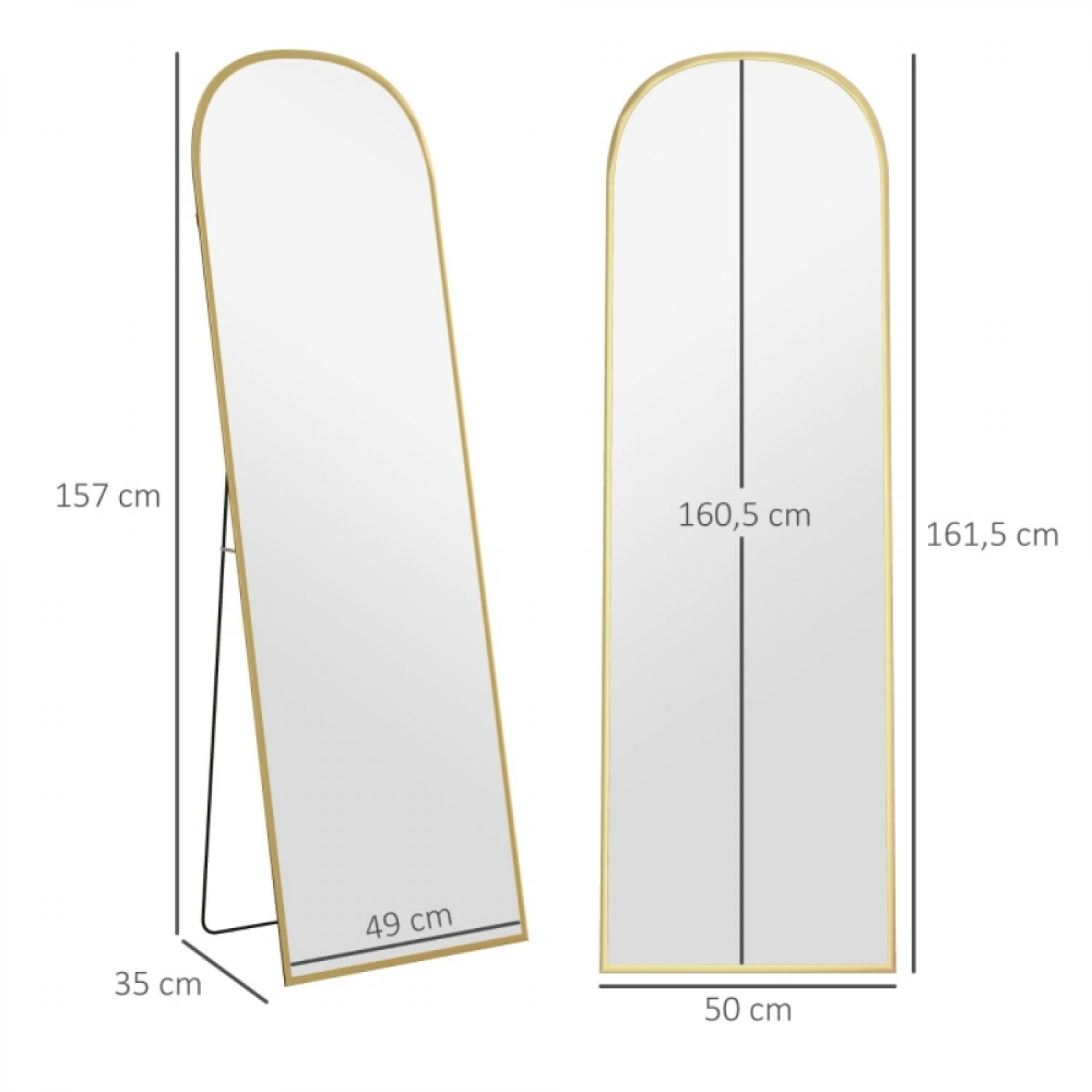 Zwei Standspiegel mit abgerundetem oberen Rand und goldenem Rahmen.