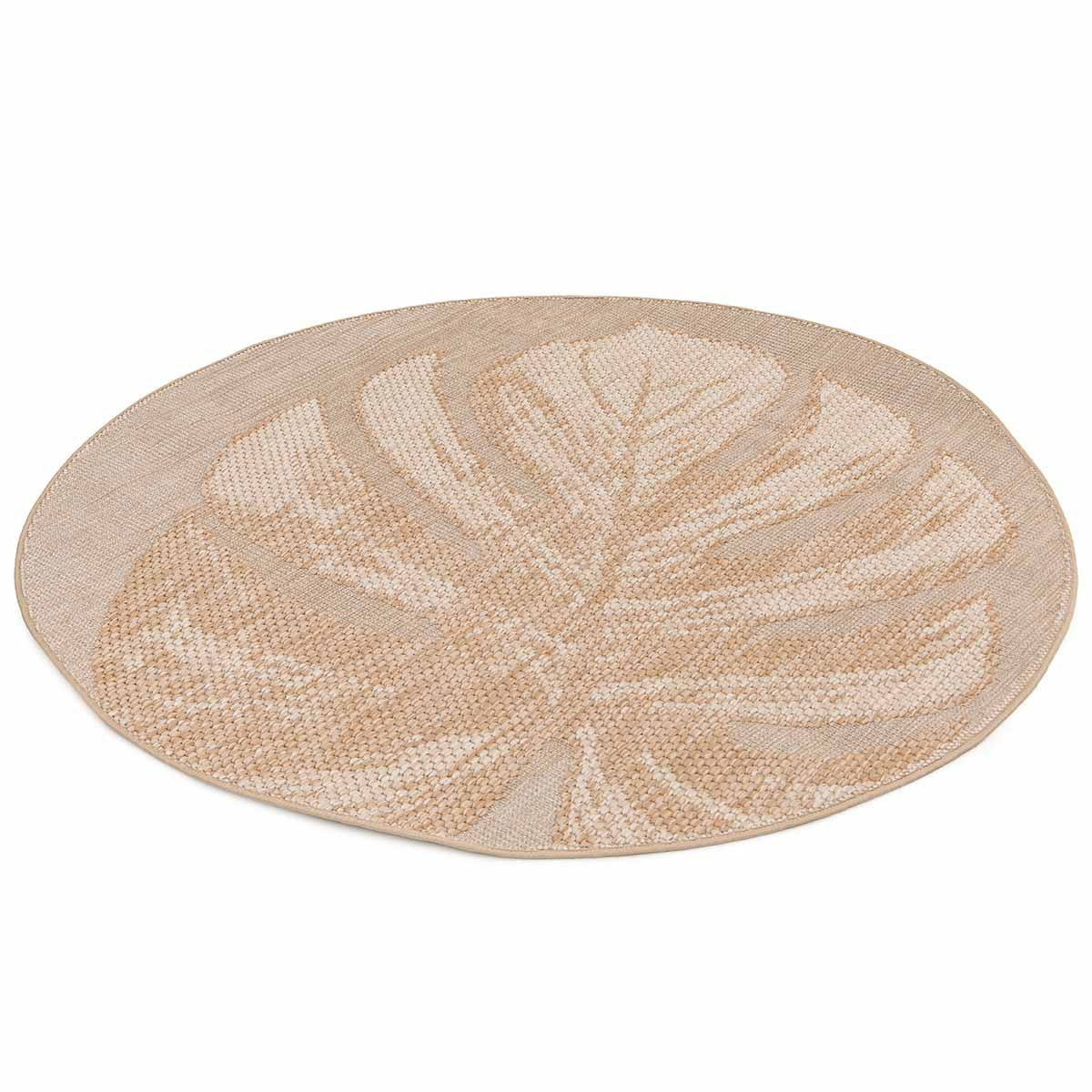 Ronde vloerbedekking met een groot bladerenprintpatroon in beige en crème tinten.