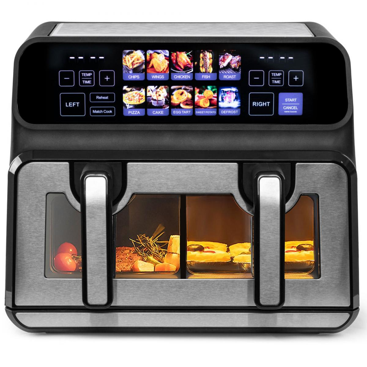 Ein schwarzer Heißluftfrittierer mit zwei Fächern und Touchscreen-Bedienfeld.