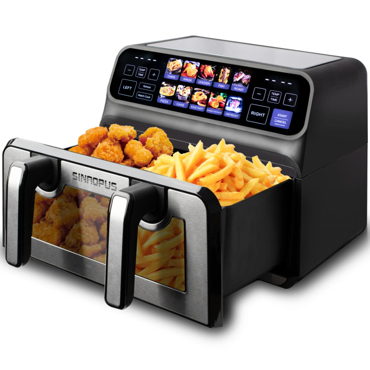 Doppel-Heißluftfritteuse mit zwei Schubladen, gefüllt mit Hähnchen und Pommes.