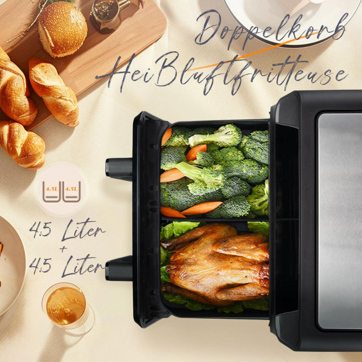 Doppelkorb mit Hähnchen, Brokkoli und Karotten, daneben Brötchen.