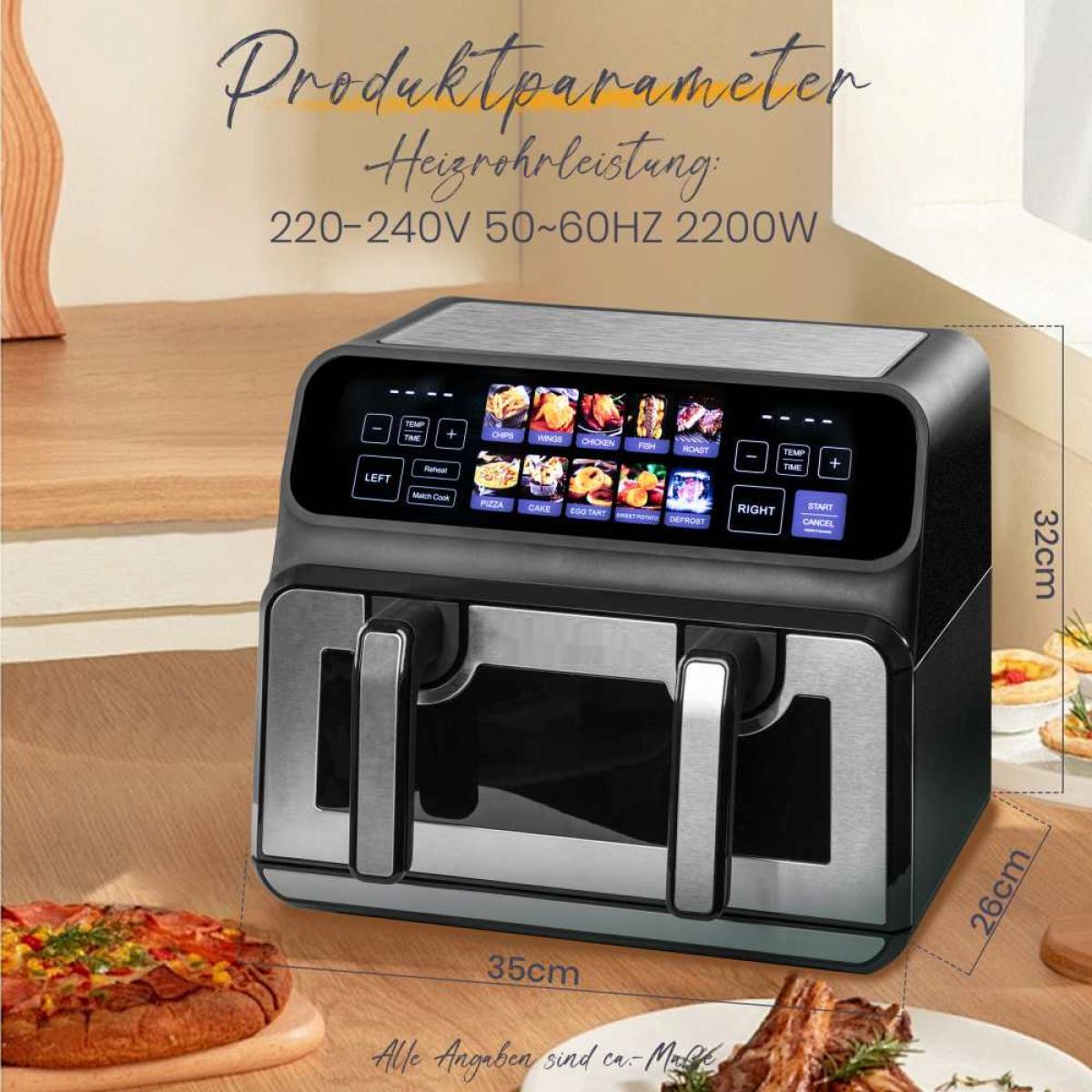 Eine schwarze Heißluftfritteuse mit zwei Schubladen und einem Touchscreen-Display.