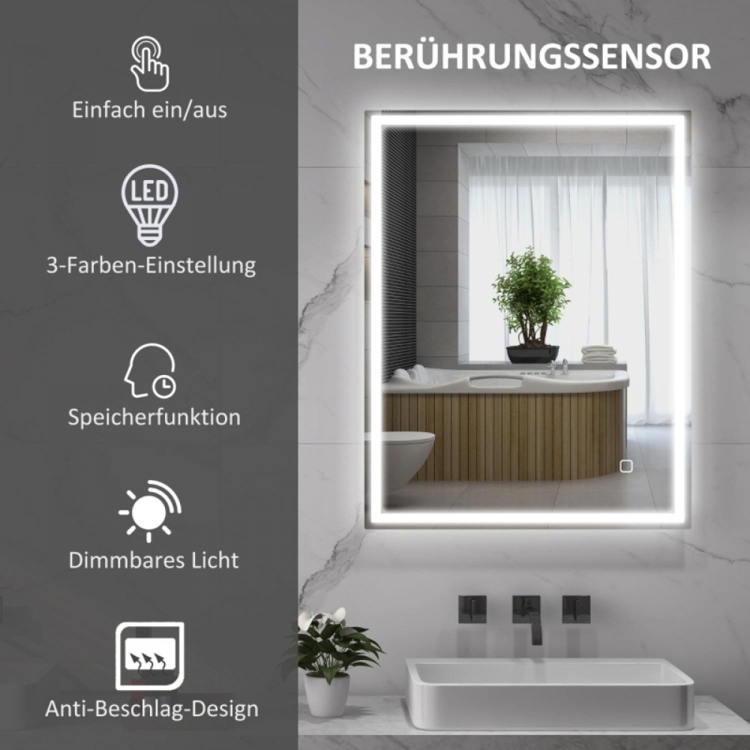 Ein beleuchteter Spiegel mit Sensor und Badezimmer-Reflexion.