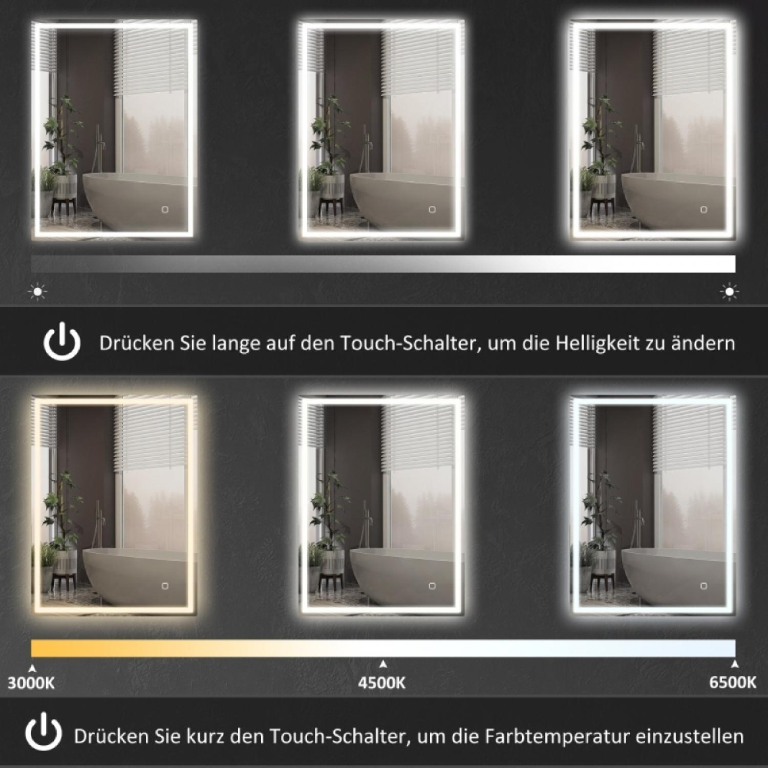Badezimmerspiegel mit einstellbarer Helligkeit und Farbtemperatur.